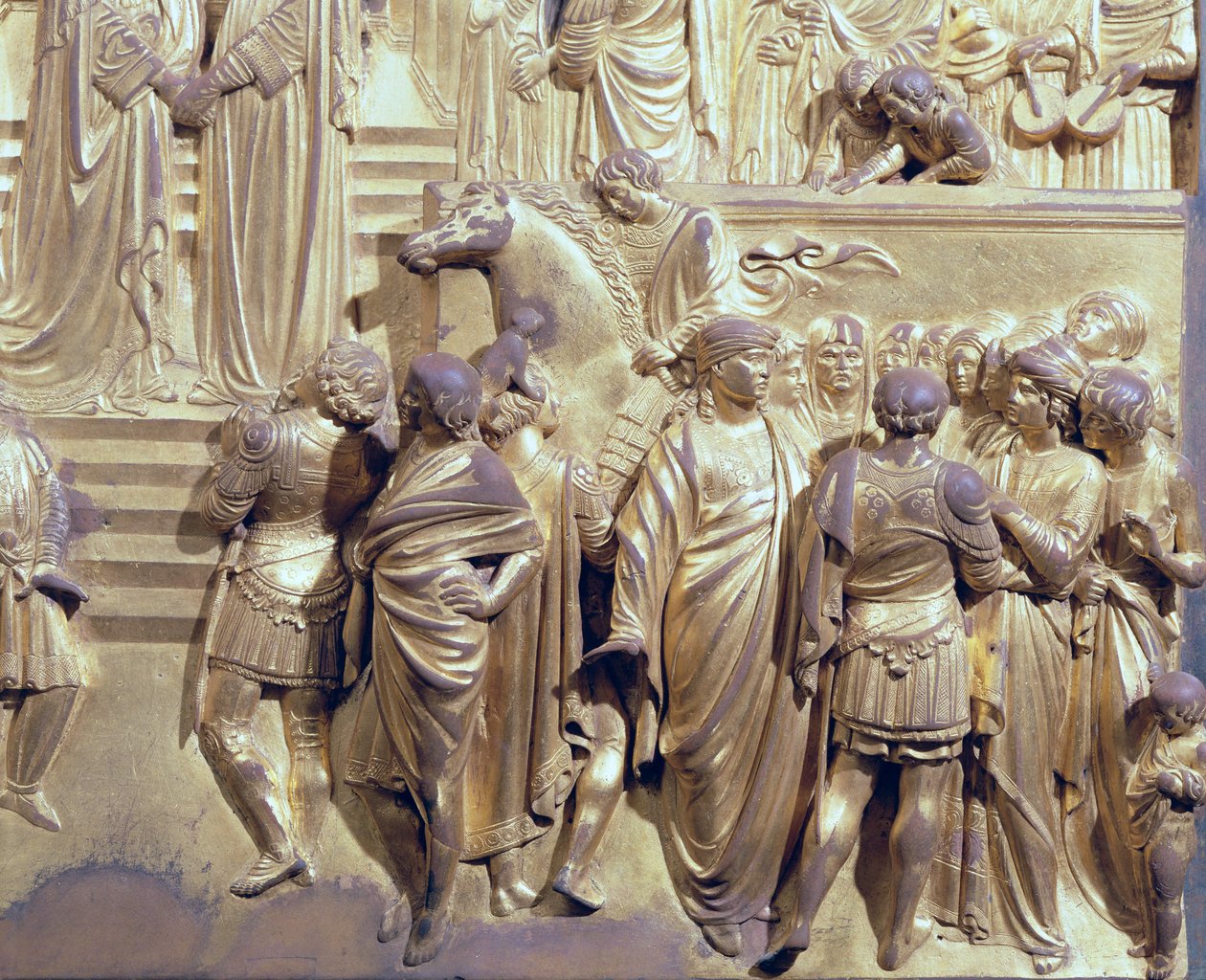 The Meeting of King Solomon and the Queen of Sheba, detail of the attendants, from the original panel from the East Doors of the Baptistery, 1425-52 (post restoration) by Lorenzo Ghiberti