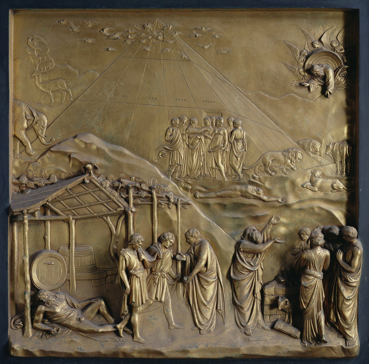 The Story of Noah: the Exodus from the Ark, the Drunkenness of Noah and his Sacrifice to God, one of ten relief panels from the Gates of Paradise (East doors), 1425-52 by Lorenzo Ghiberti