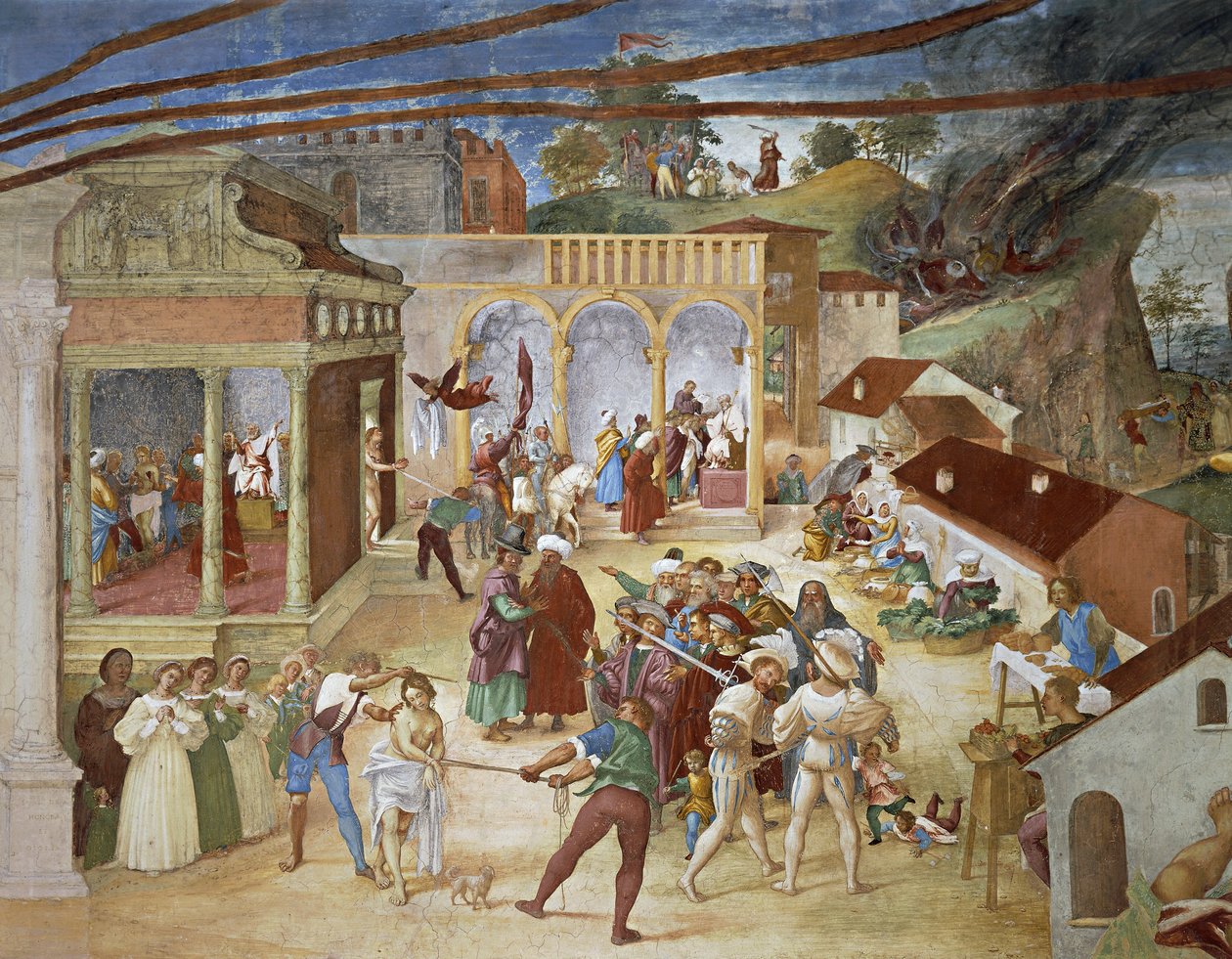 St Barbara being led through streets of city (detail) by Lorenzo Lotto