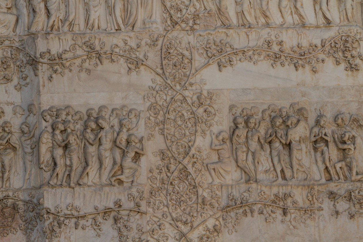 Scenes of Last Judgment, Stories of Apocalypse, bas-reliefs, fourth pillar, facade of Orvieto Cathedral, Umbria, Italy by Lorenzo Maitani