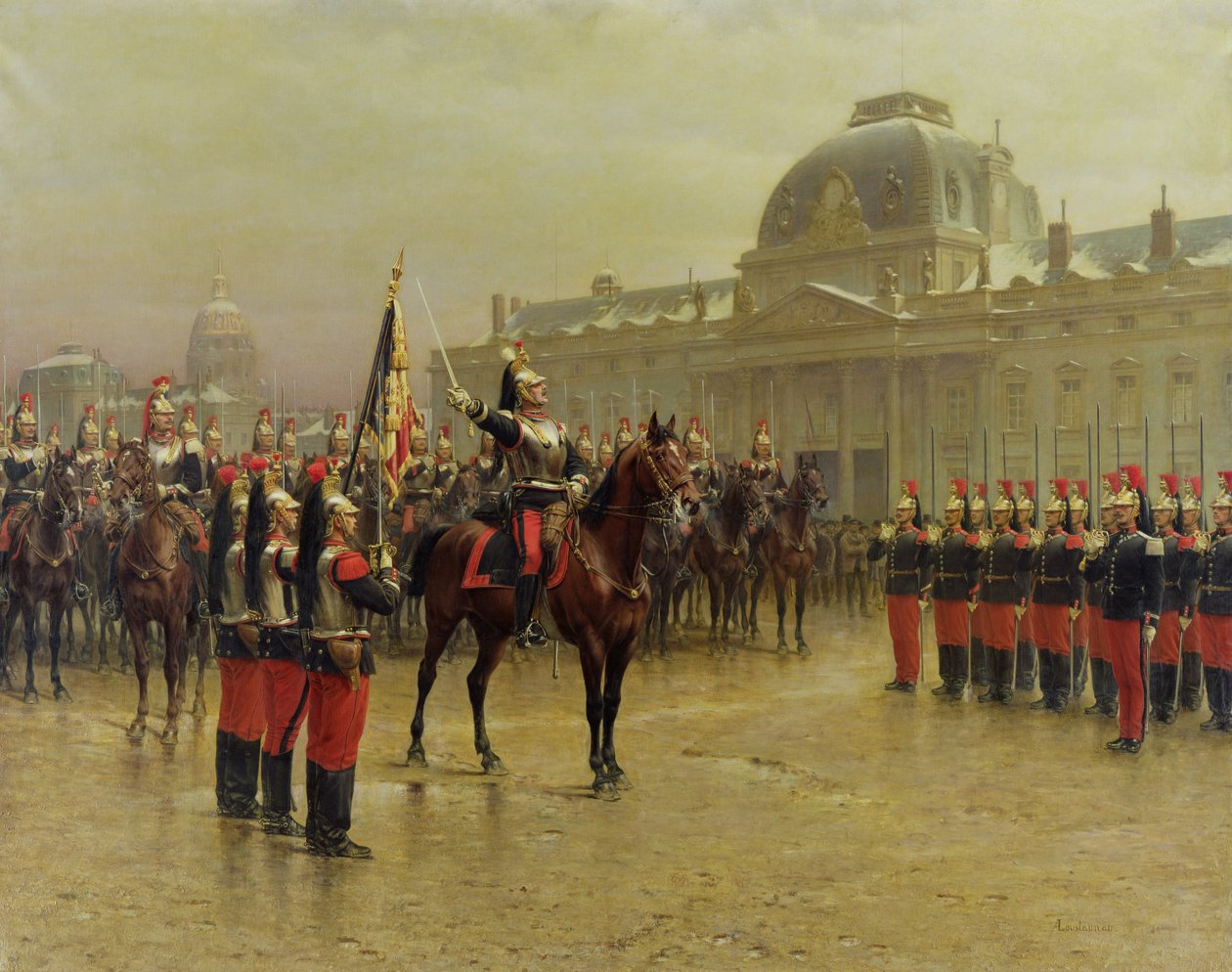 Colonel de La Rochetulon Presenting to the Recruits of the 6th Cavalry the Standard of the Regiment in January 1887, c.1887 by Louis Auguste Georges Loustaunau