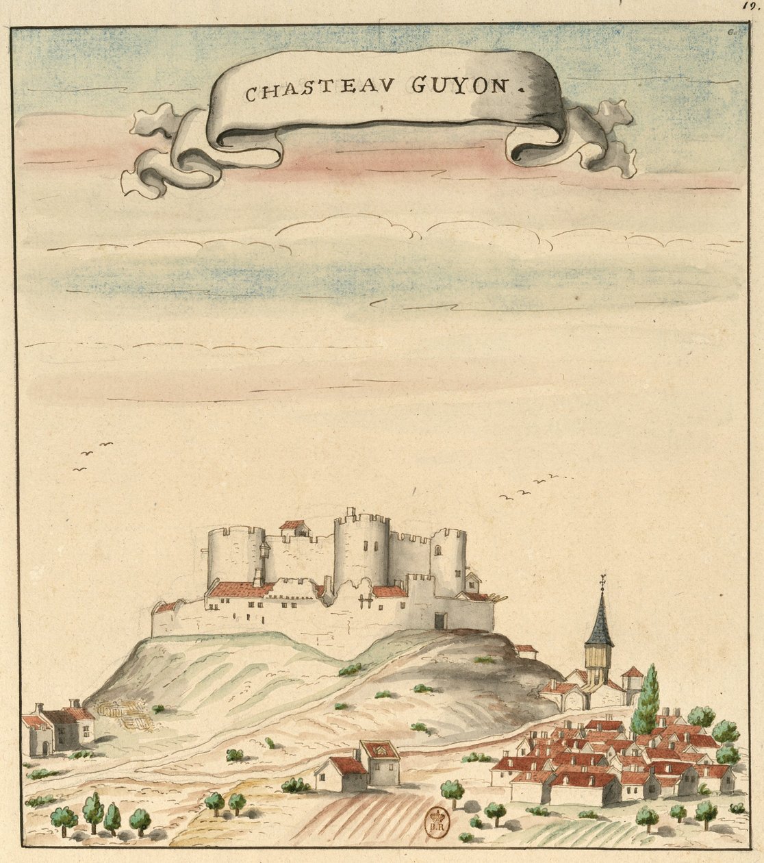 Drawing of the Castle and Village of Châtel-Guyon (circa 1450) inspired by Guillaume Revel, L