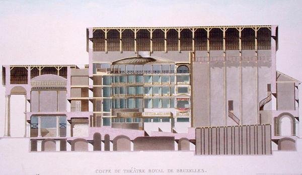 Cross Section of Theatre Royal, Brussels, from Choix des Monuments, Edifices et Maisons les plus remarquables du Royaume des Pays-Bas by Louis Damesme