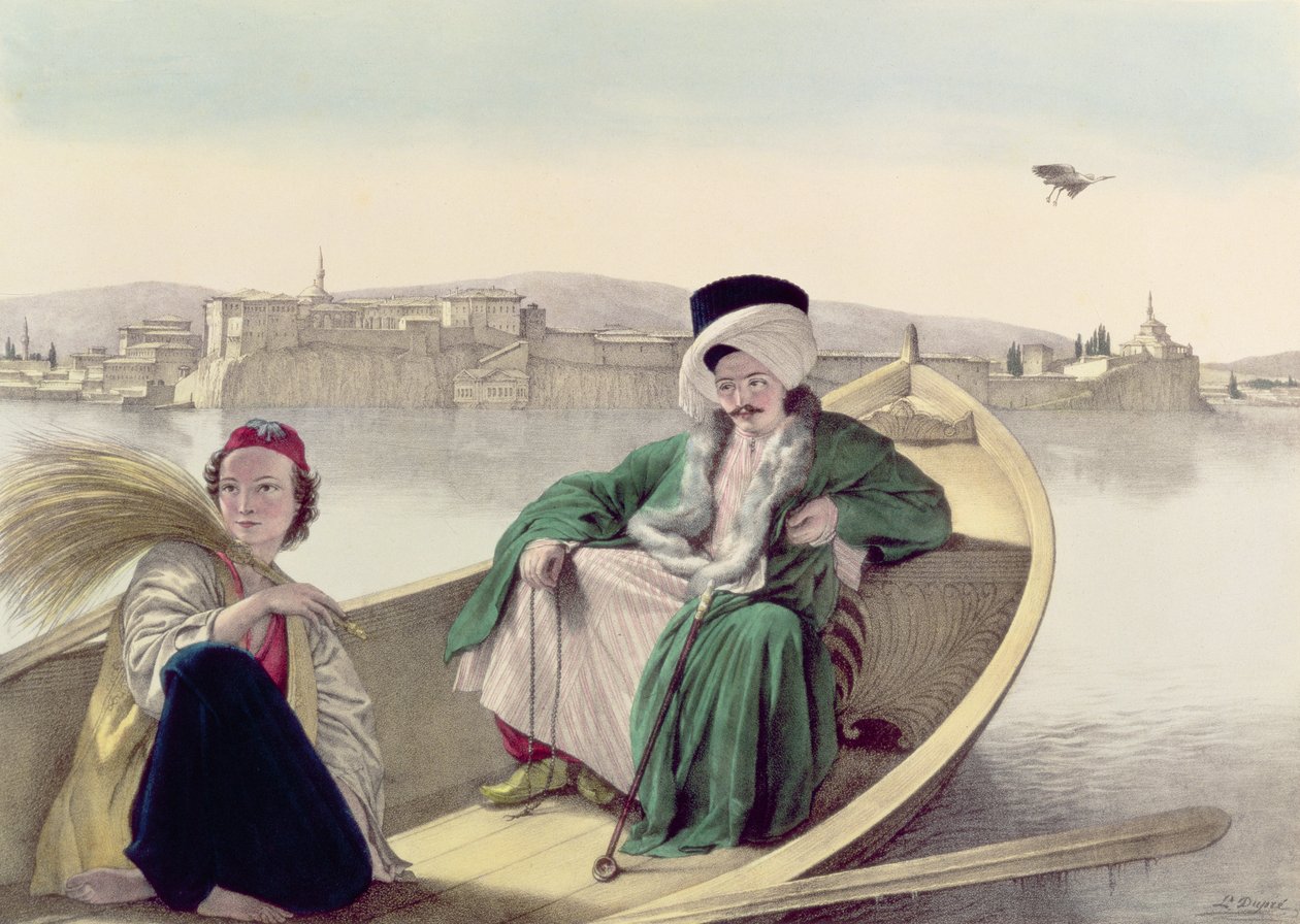 Voyage to Athens and Constantinople: palace and fortress of Janina, viewed from the lake, a Turk and a young Greek by Louis after Dupre