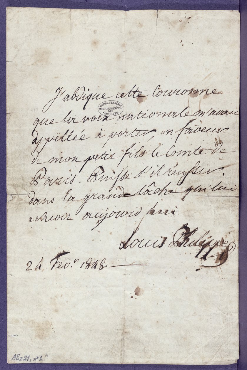 Act of abdication of the throne by Louis-Philippe in favour of his grandson, Louis-Philippe Albert d