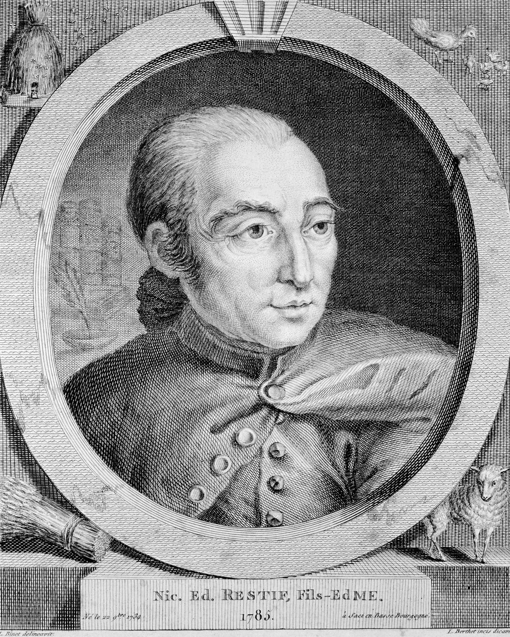 Portrait of Nicolas Edme Restif de La Bretonne (1734-1806) - by Binet, engraving by Louis (after) Binet