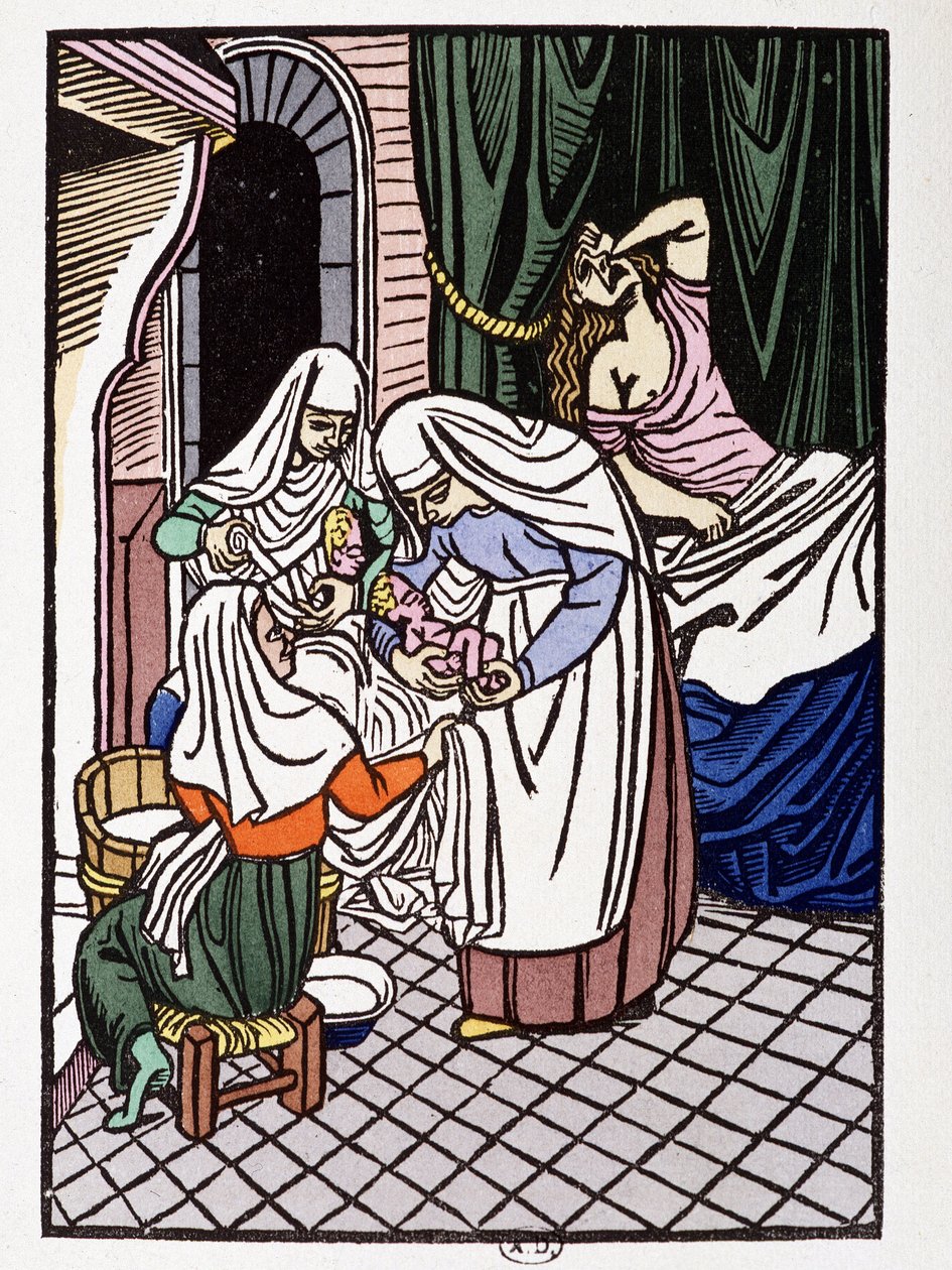 Woman giving birth - in Les amours de Frene et Galeran racontés d