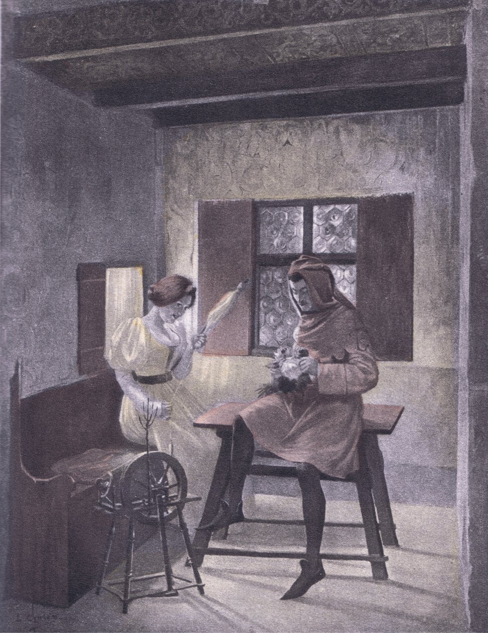 Simona spinning, illustration from Decameron of Boccaccio by Louis Chalon