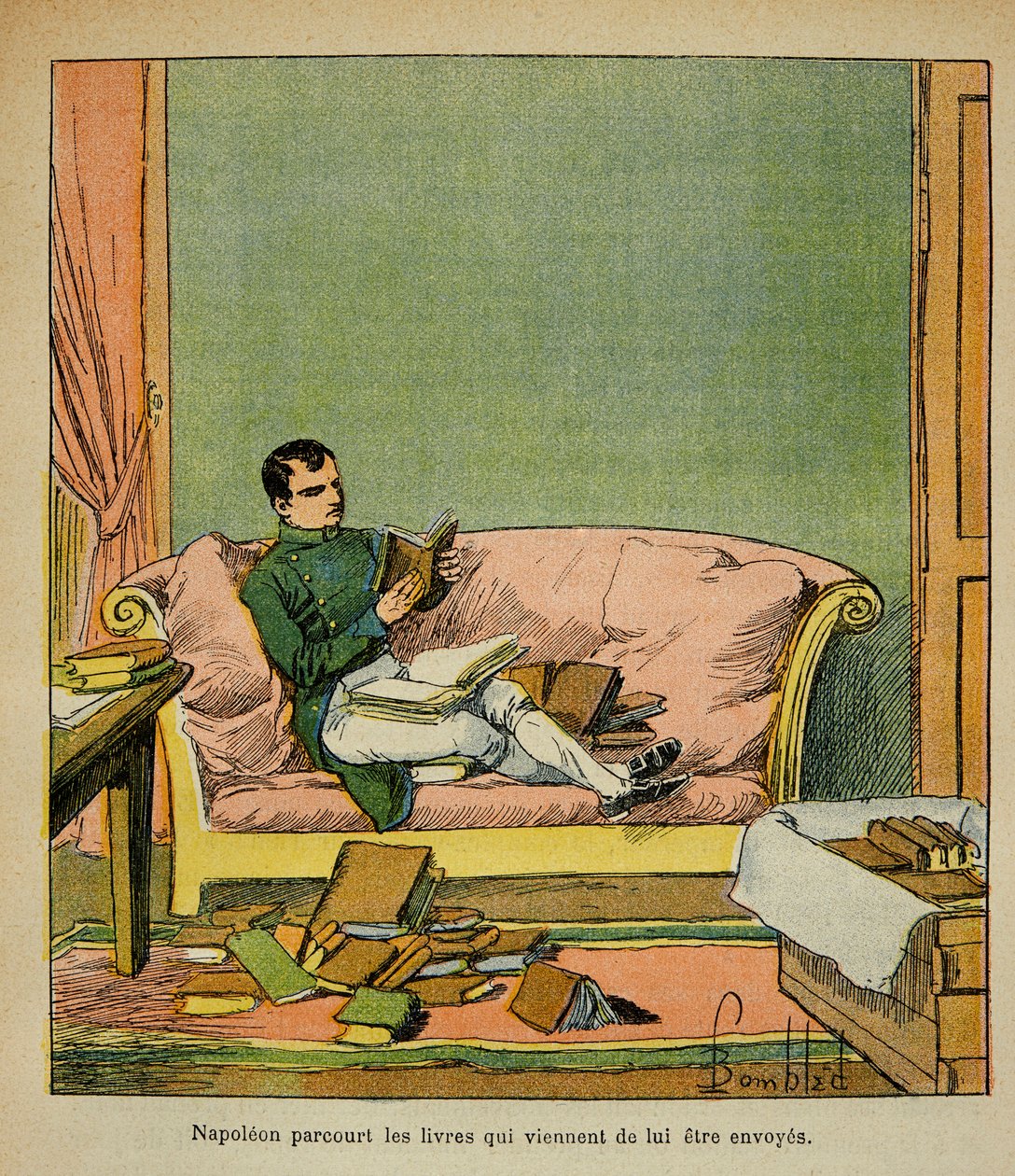 Emperor Napoleon travels through the books that have just been sent to St. Helene by Louis Charles Bombled