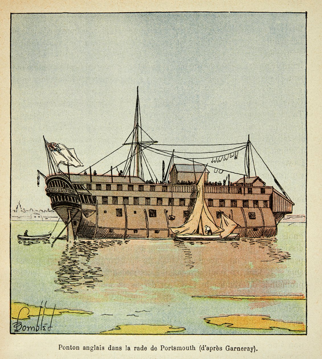 Illustration by Bombled Louis (1862-1927) from the book "The Memorial of Saint Helene" by Count Emmanuel de Las Cases (1766-1842): English Pontoon in the harbour of Portsmouth serving as a prison for the French, Private Collection by Louis Charles Bombled