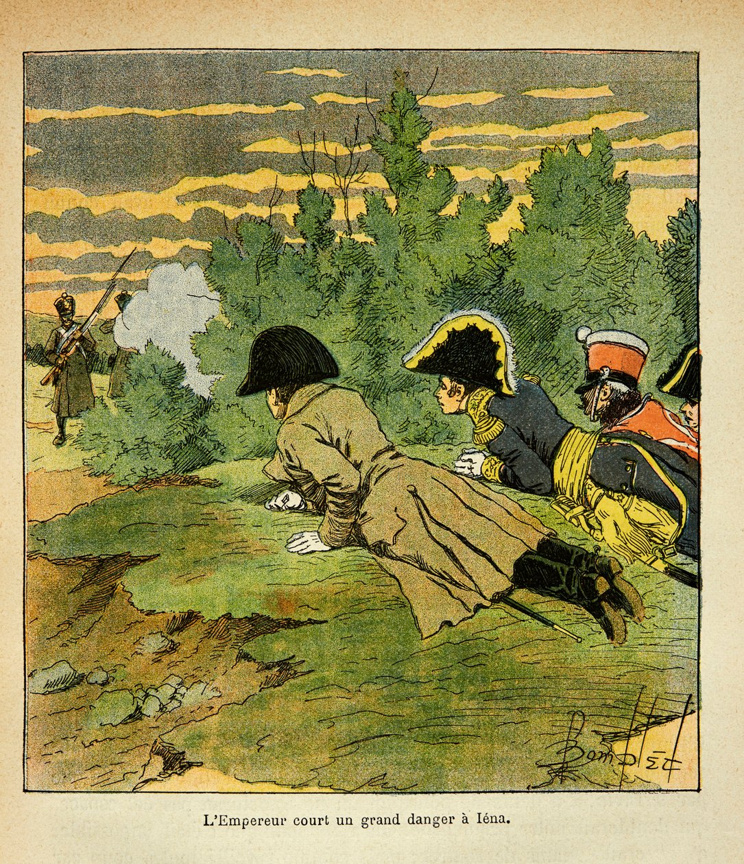 On the eve of the battle of Iena, Emperor Napoleon after recognizing the enemy lines, throws himself flat when a French sentinel by Louis Charles Bombled