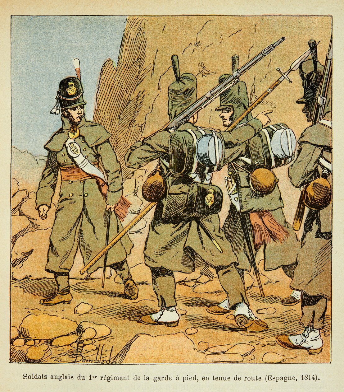 Illustration from the book The Memorial of Saint Helene by Count Emmanuel de Las Cases: English Soldiers of the 1st Regiment of the Guard in a roadstand (Spain 1814) by Louis Charles Bombled