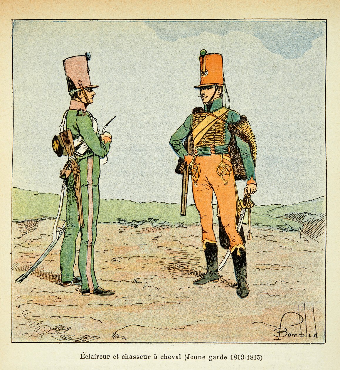 Illustration of Bombled Louis (1862-1927) from the book "The Memorial of Saint Helene" by Count Emmanuel de Las Cases (1766-1842): Armee Francaise: Scout and hunter of the young guard 1813 - 1815, Private collection by Louis Charles Bombled