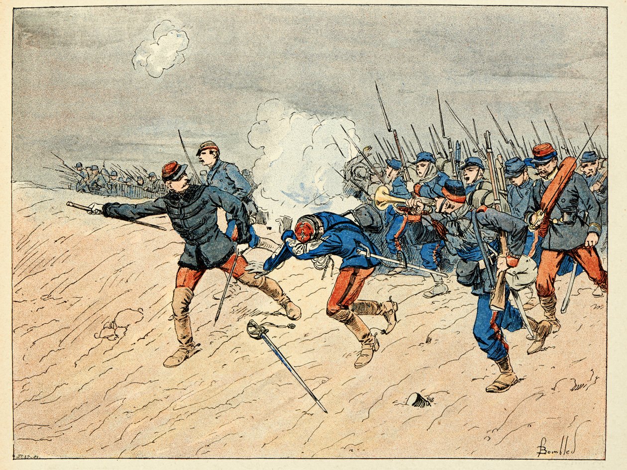 Illustration taken from the book Les Heroes du Siecle, anecdotal recits by Dick de Lonlay and illustrated by Louis Bombled by Louis Charles Bombled