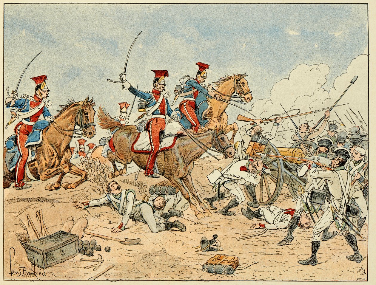 Illustration taken from the book The Heroes of the Siecle, anecdotal recits by Dick de Lonlay and illustrated by Louis Bombled by Louis Charles Bombled