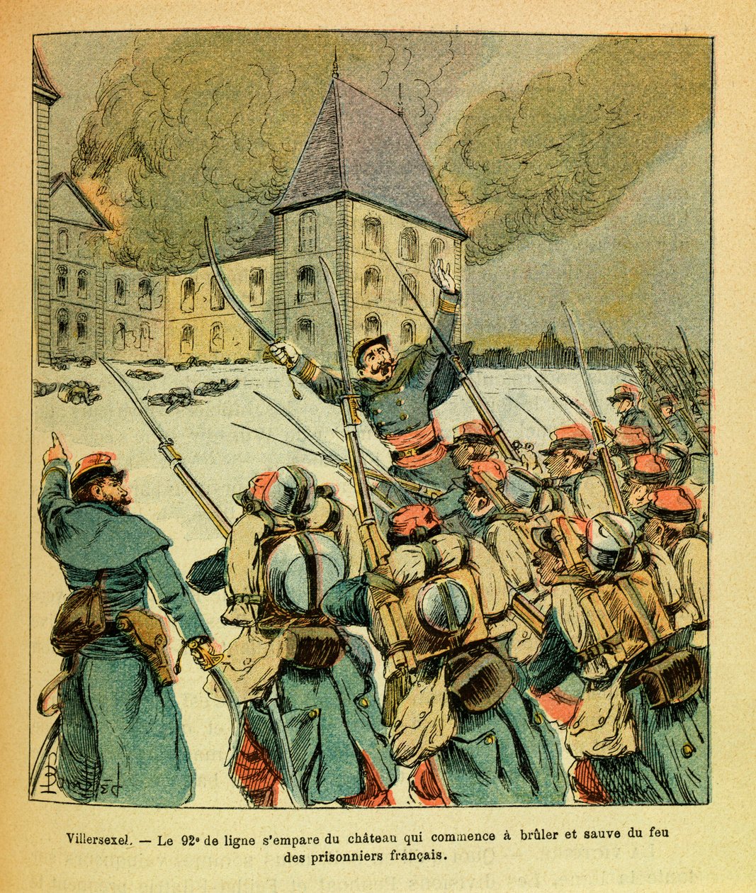 January 1871, In Villersexel, the 92nd de line seized the castle that began to burn and save from the fire of French (The Eastern Armee) by Louis Charles Bombled