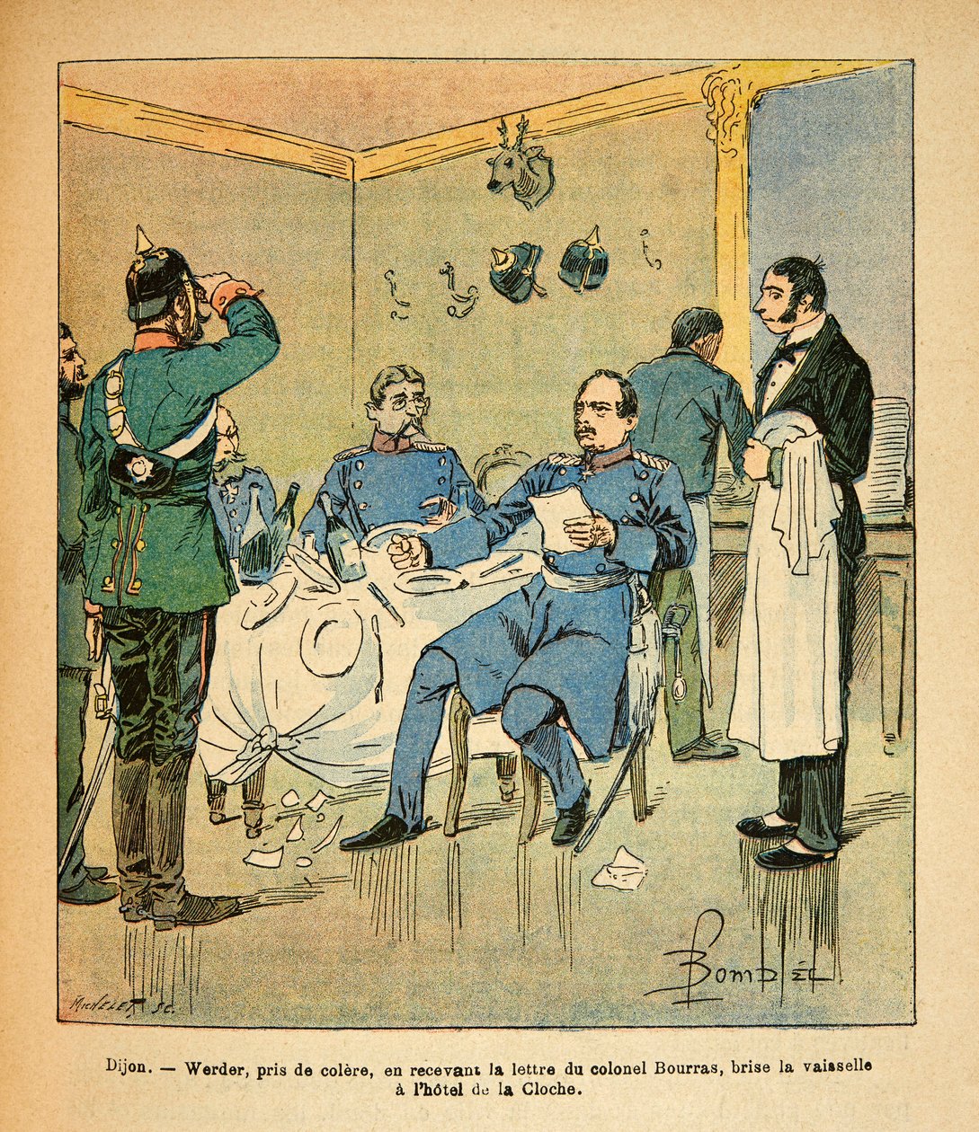 The Eastern Army of Eugene Sergeant, Illustrated by Louis Bombled: General Werder Breaking Dishes at the Hotel de la Cloche by Louis Charles Bombled