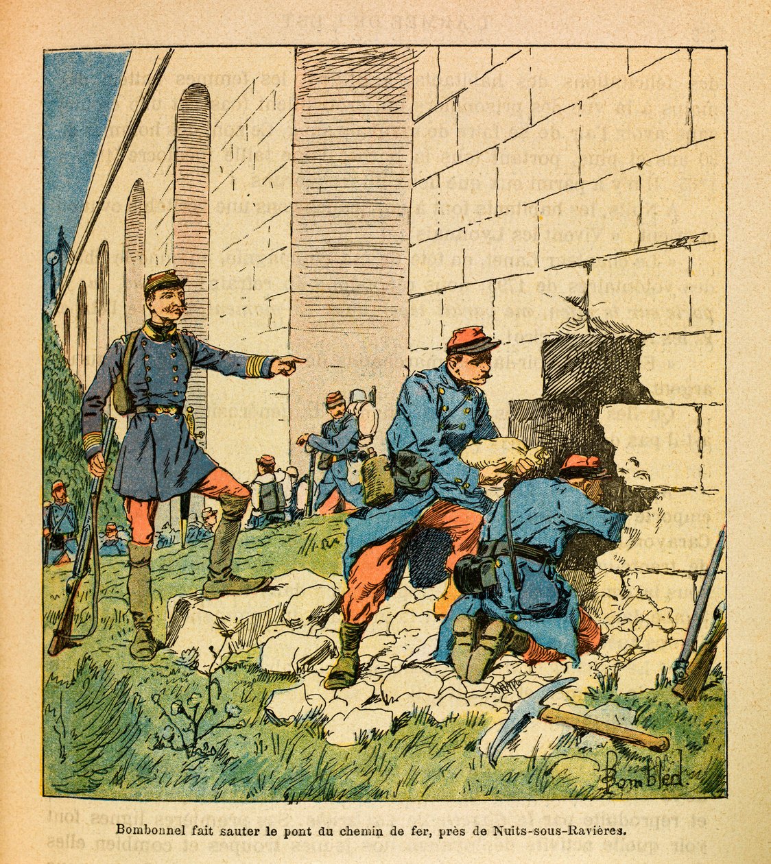 Bombonnel and his freeshooters blow up the bridge of Armancon near Nuits sous rivers of the railway line from Dijon to Paris by Louis Charles Bombled