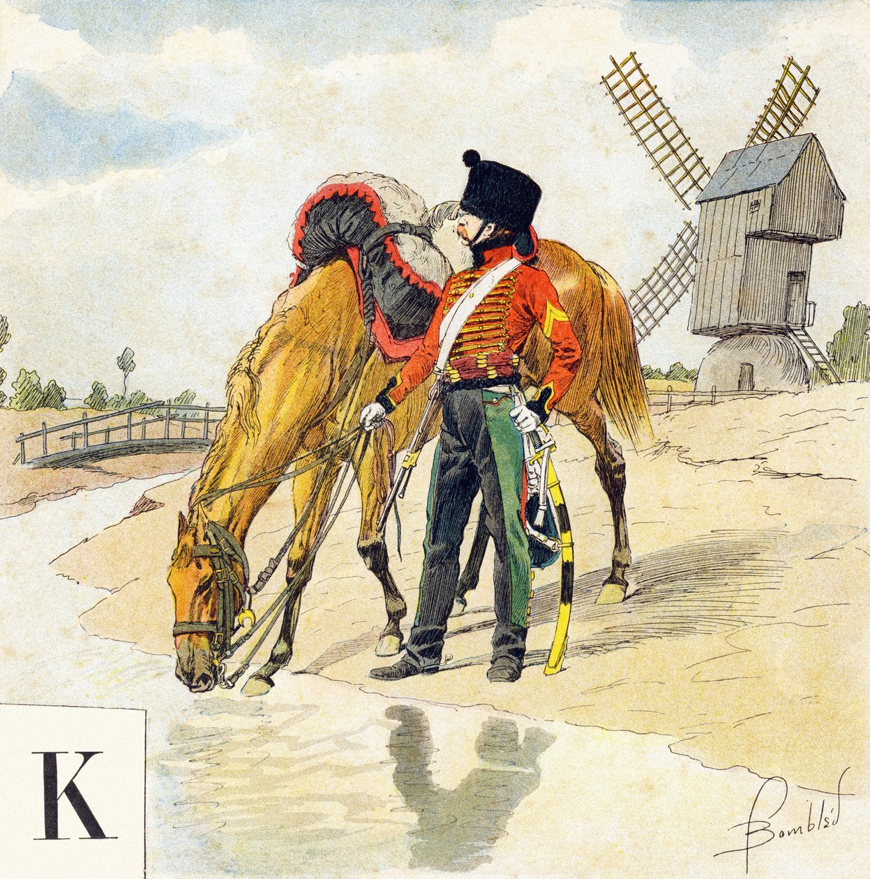 Letter K: Kolbach, Hat of the French Horsemen of the First and Second Empires, "I Will Be a Soldier" - Military Alphabet by Louis Charles Bombled