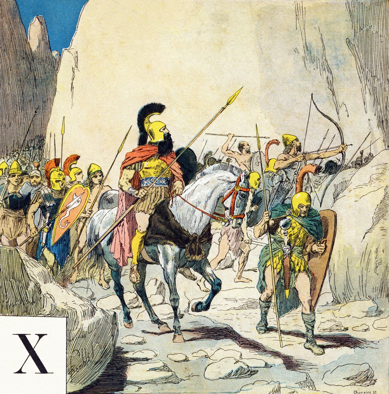 Letter X: Xenophon (430-355 BC), Greek Military Leader, and His Army, "I Will Be a Soldier" - Military Alphabet by Louis Charles Bombled