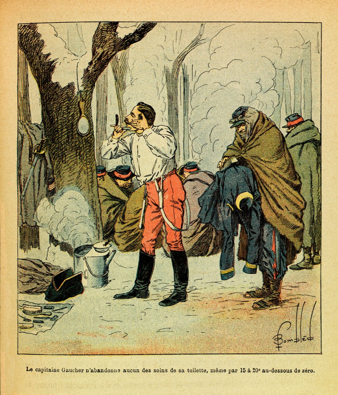 Captain Gaucher does not give up any of the care of his toilet even in the middle of winter (The Eastern Armee) by Louis Charles Bombled