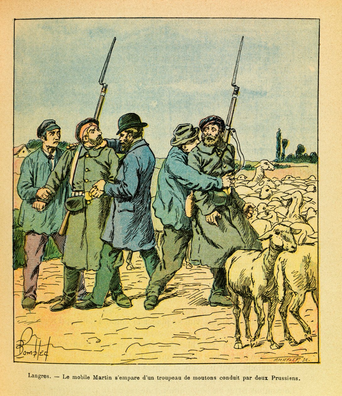The Eastern Armee of Eugene Sergeant, Illustrated by Louis Bombled: The Martin Mobile, Disguised as a Peasant, Seized a Herd of Sheep Led by Two Prussians to Langres in November 1870 by Louis Charles Bombled