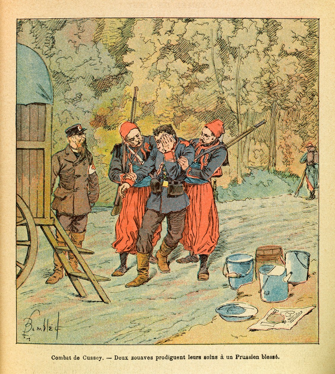 The Eastern Army of Eugene Sergeant, known as Grenest, illustrated by Louis Bombled (Franco-German War; campaign of 1870-1871): Battle of Cussey, October 1870, two Zouaves provide care to a wounded Prussian by Louis Charles Bombled