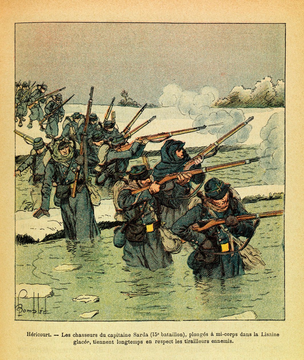 January 1871, Hericourt, the hunters of Captain Sarda dive half-body in the Ice Lisaine, holding the enemy for a long time by Louis Charles Bombled