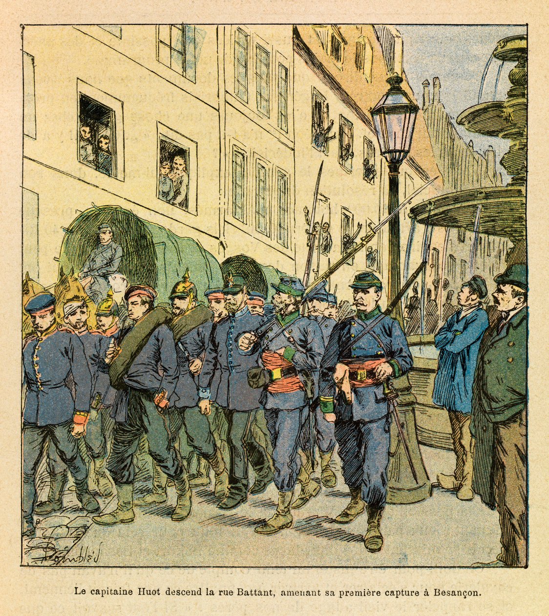 The Eastern Army of Eugene Sergeant, known as Grenest, illustrated by Louis Bombled (Franco-German War; campaign of 1870-1871): Captain Huot descends Rue Battant in Besancon with Prussian prisoners captured in Bethoncourt les Brotte in October by Louis Charles Bombled