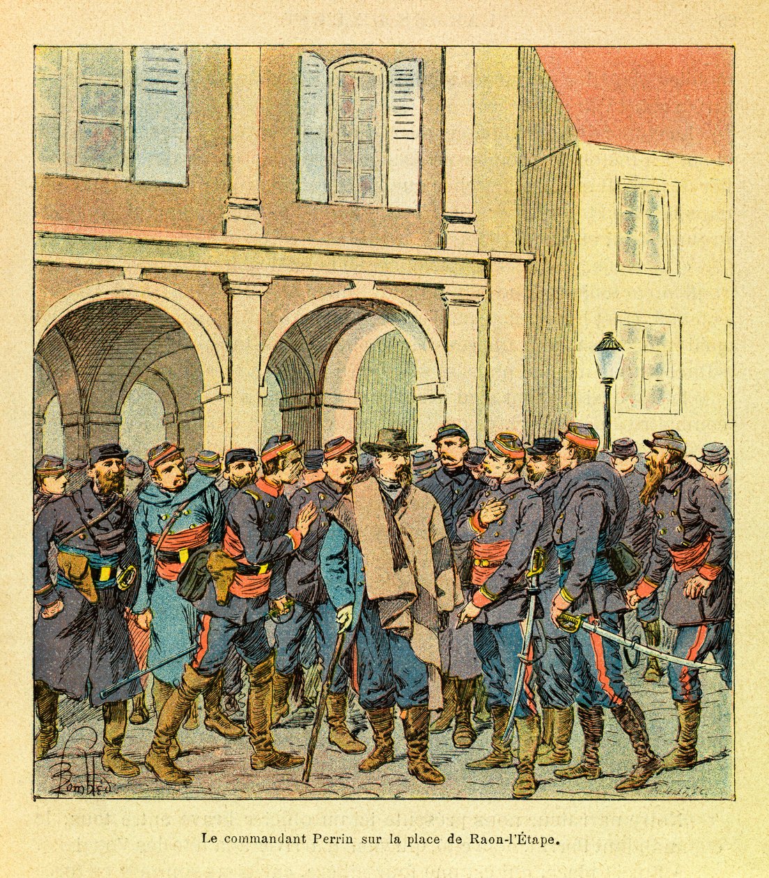 The Eastern Army of Eugene Sergeant, known as Grenest, illustrated by Louis Bombled (Franco-German War; campaign of 1870-1871): Commander Perrin on the Place de Raon-l