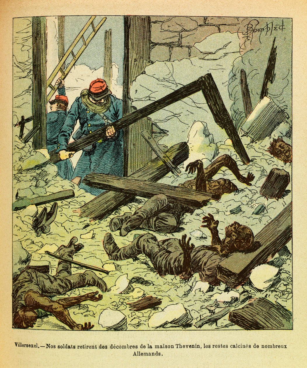 January 1871, Battle of Villersexel, French soldiers remove from a house the remains of German soldiers by Louis Charles Bombled