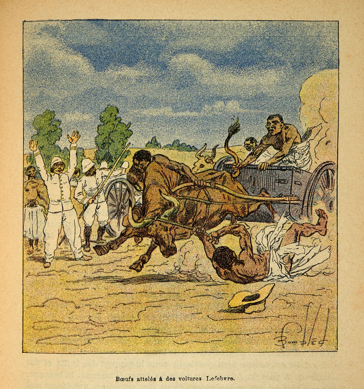 The War in Madagascar: Anecdotal History of the French Expeditions of 1885-1895 by Henri Galli, Illustrated by Louis Bombled: Oxen Reached by Lefebvre Cars by Louis Charles Bombled