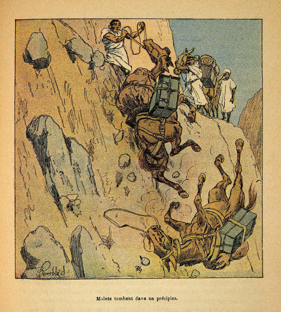 The War in Madagascar-Anecdotal History of the French Expeditions of 1885-1895 by Henri Galli, illustrated by Louis Bombled: Mulets of a military convoy falling into a precipice by Louis Charles Bombled