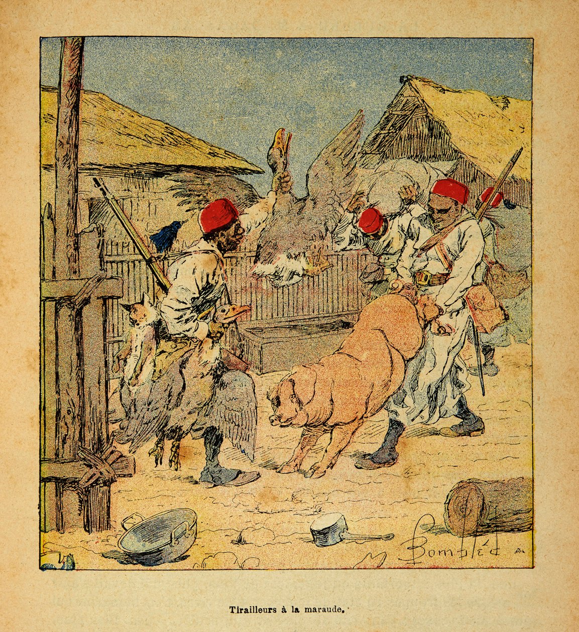 The War in Madagascar-Anecdotal History of the French Expeditions of 1885-1895 by Henri Galli dit Galllichet (1854-1922), illustrated by Louis Bombled (1862-1927): Looting of Tirailleurs in Farms, Private Collection by Louis Charles Bombled