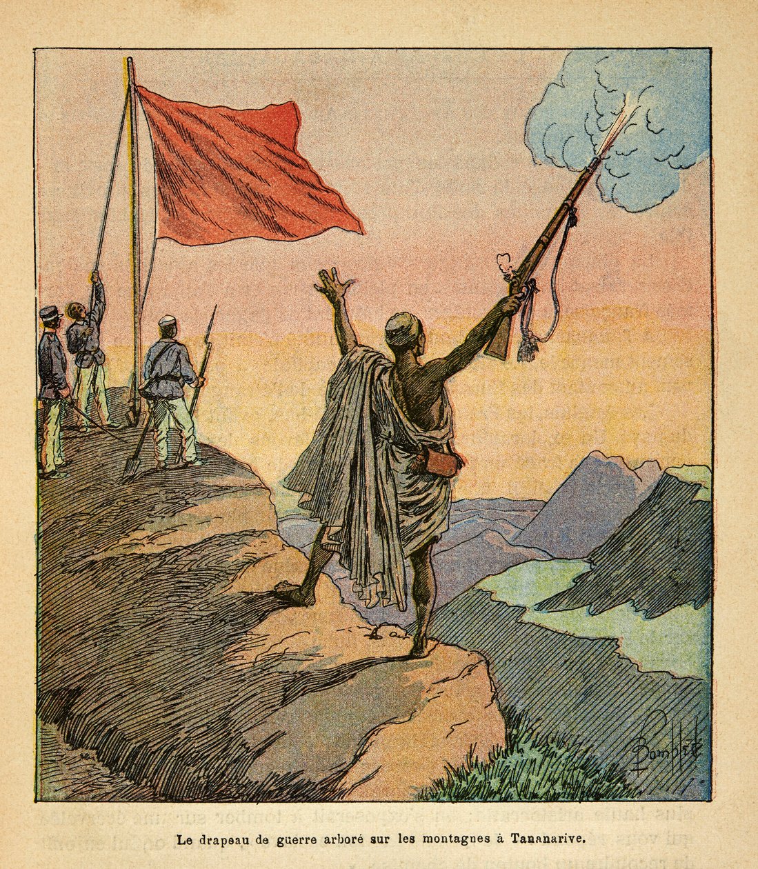 The Malagasy Red War Flag Planted on the Tananarive Mountains by Louis Charles Bombled