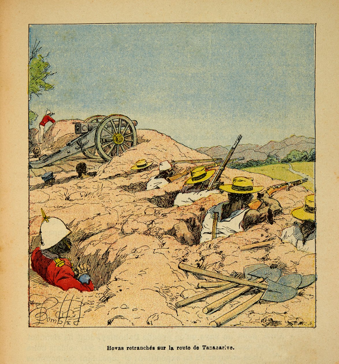 The War in Madagascar - Anecdotal History of the French Expeditions of 1885-1895 by Henri Galli, Illustrated by Louis Bombled: Hovas Troops Trenched on the Road to Tannarive in 1895, Private Collection by Louis Charles Bombled
