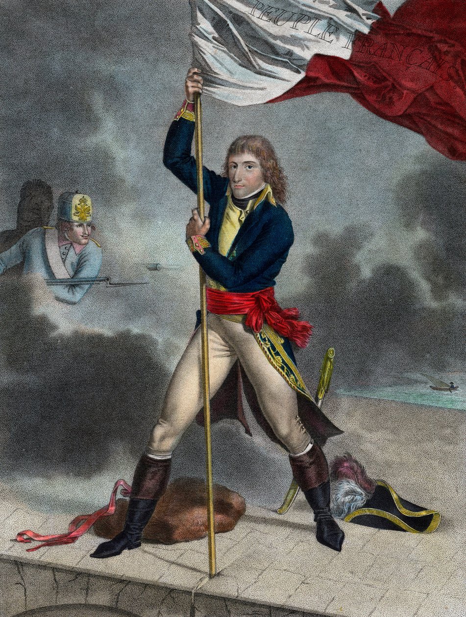 Napoleon Bonaparte during the Battle of the Bridge of Arcole (Arcola), November 1796 - Buonaparte General en Chief of the Army of Italy planting a flag on the bridge of Arcole in 1796 - engraving by Louis Charles Ruotte by Louis Charles Ruotte