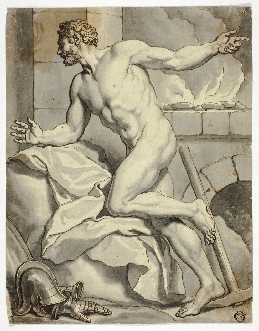 Male Nude Kneeling beside a Furnace, with Helmet and Metal Gloves on Floor by Louis Cheron