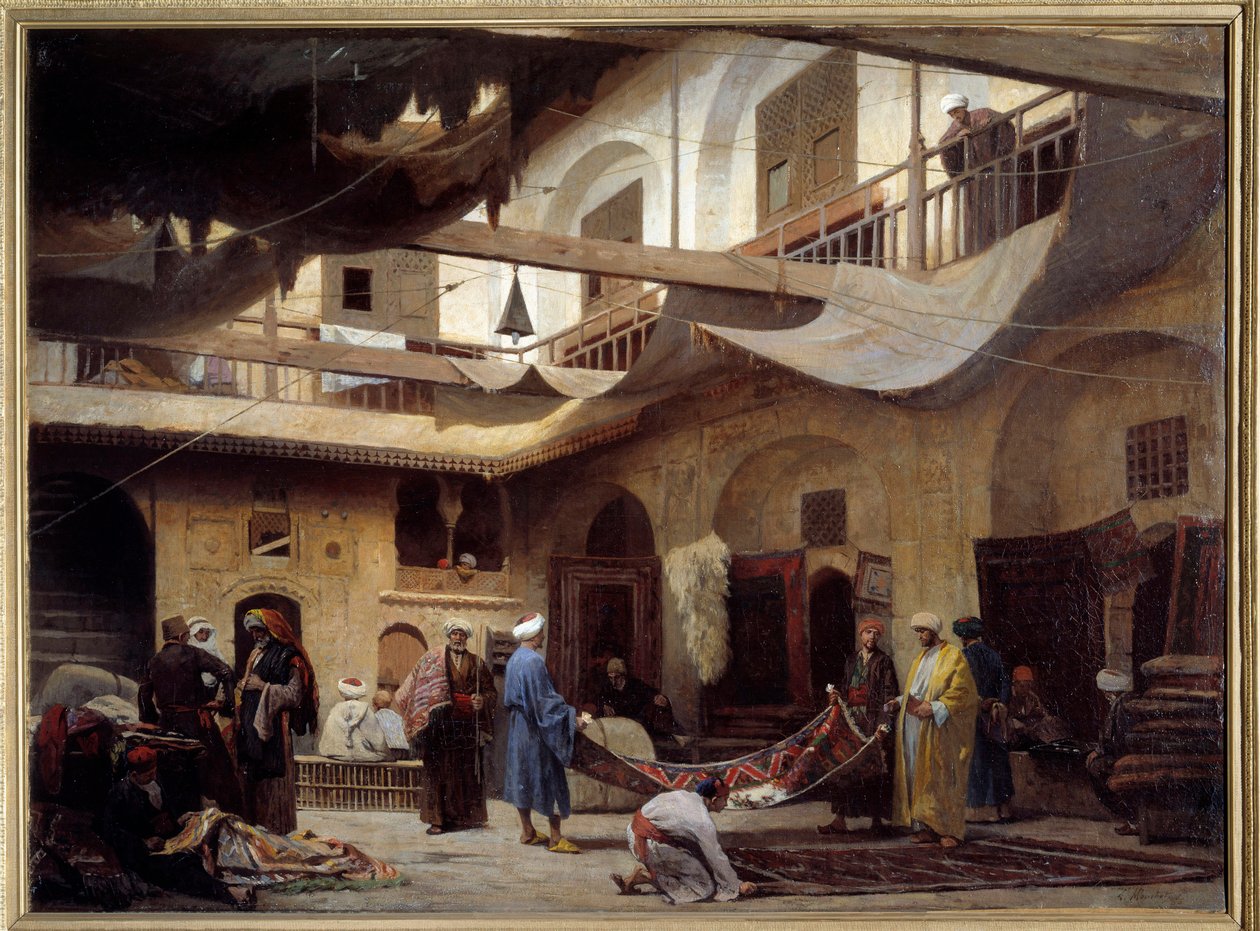 The Carpet Bazaar in the Khan-Khabil in Cairo by Louis Claude Mouchot