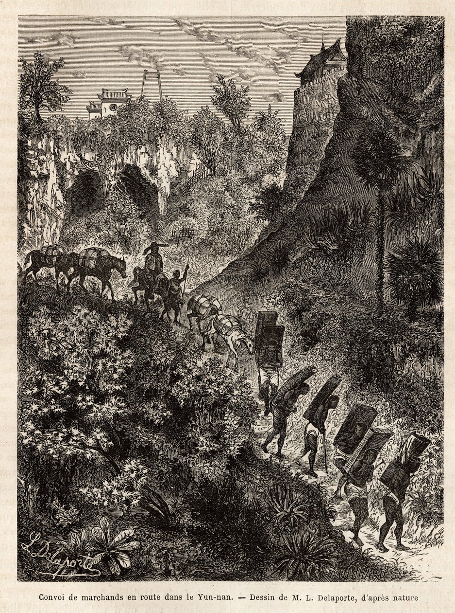 A convoy of merchants and their porters en route to Yunnan (China), engraved after the drawing of L.Delaporte, to illustrate the voyage of exploration in Indochina by Francis Garnier, lieutenant of ship, in 1866-1868, published in “Le tour du monde” 1874,  by Louis Delaporte