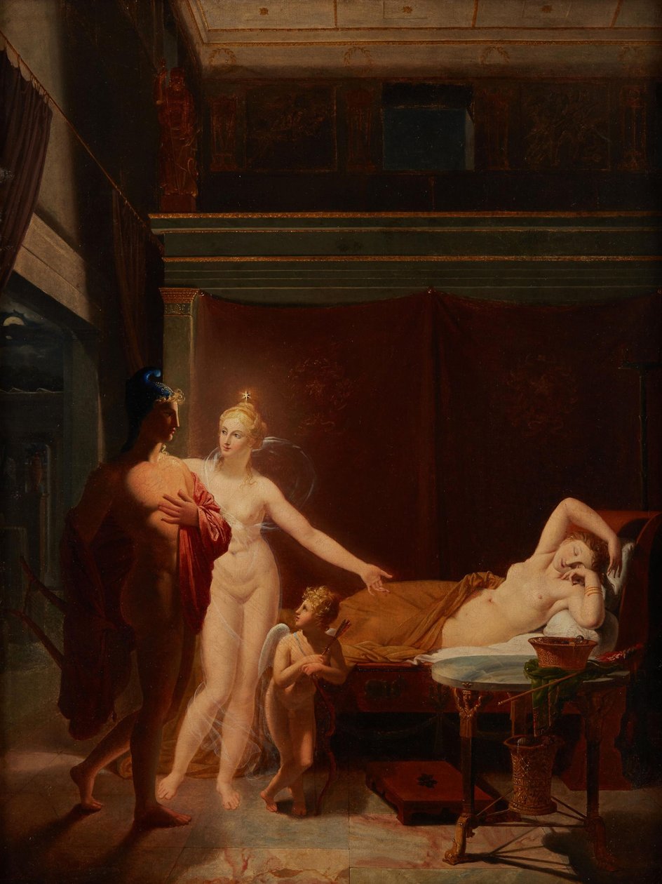 Paris and Helen Venus and Amor escort Paris to bed chamber of Helen by Louis Ducros