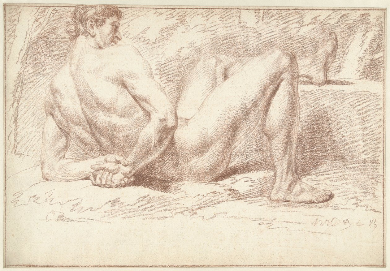 Male Nude, Lying Down, Arms on Back by Louis Fabritius Dubourg