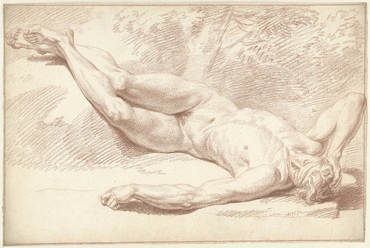 Male Nude, Lying on Back, Facing Right by Louis Fabritius Dubourg