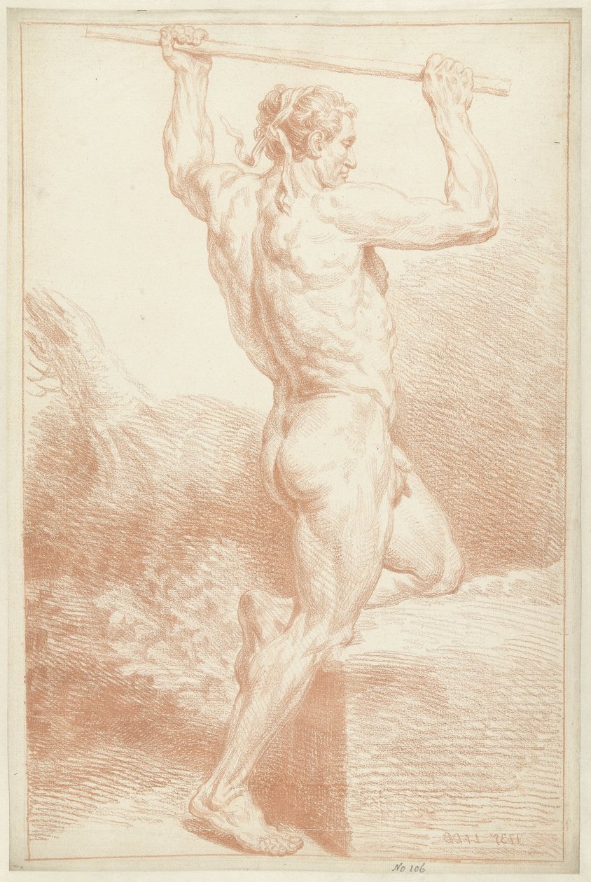 Study of a Male Nude, on One Knee, with a Stick Above His Head by Louis Fabritius Dubourg