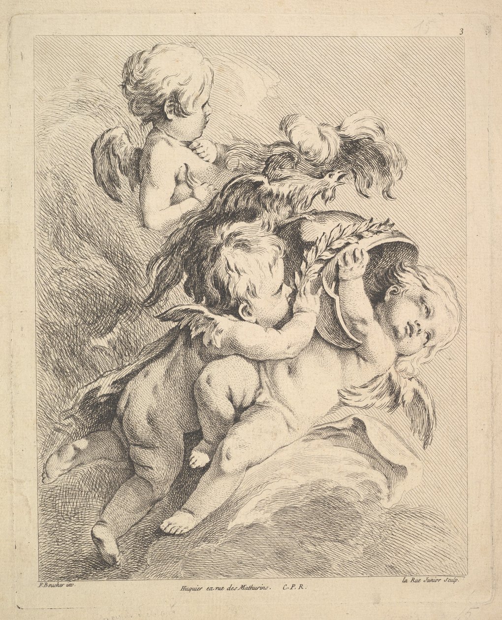 Three Cupids Holding a Helmet by Louis Felix de la Rue