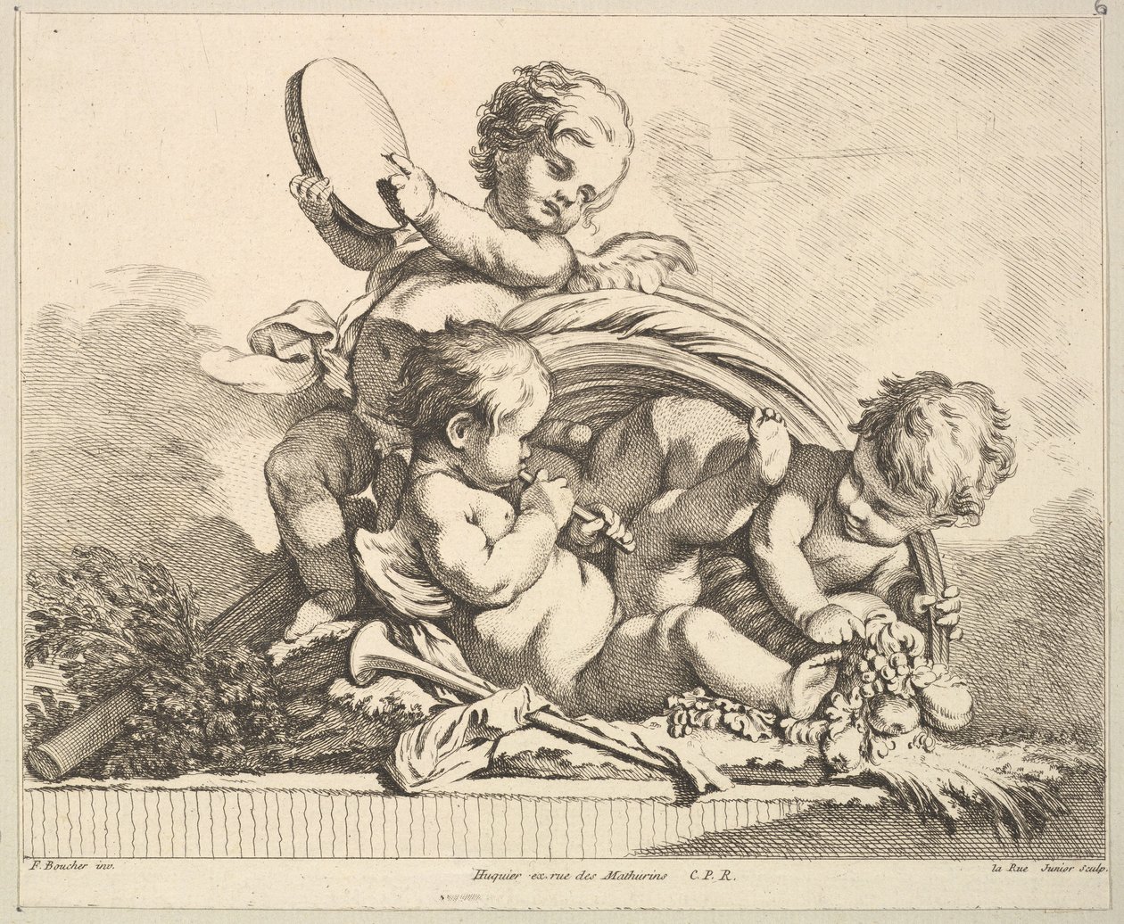 Three Cupids, Two Playing Music, One Holding Palm Leaves by Louis Felix de la Rue