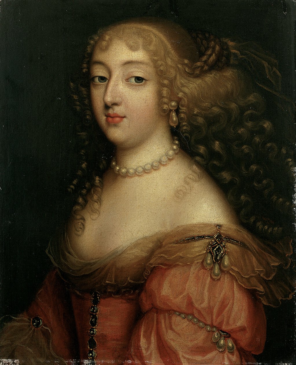 Portrait of a Lady, said to be Laura Mancini, Duchesse de Mercoeur, bust length, in a red dress, with a pearl necklace and earrings by Louis Ferdinand Elle