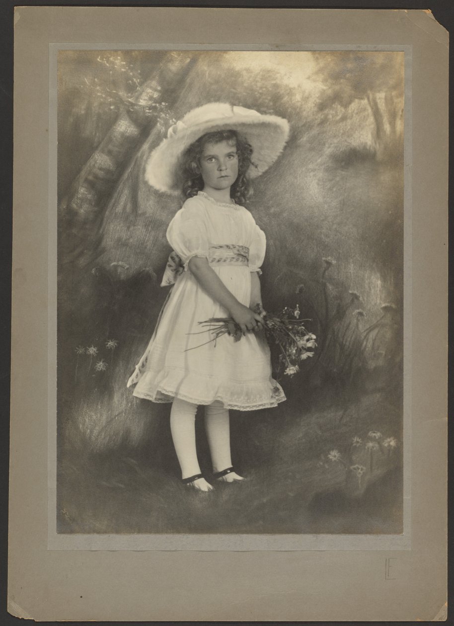 Portrait of a Girl with Flowers before Painted Backdrop by Louis Fleckenstein