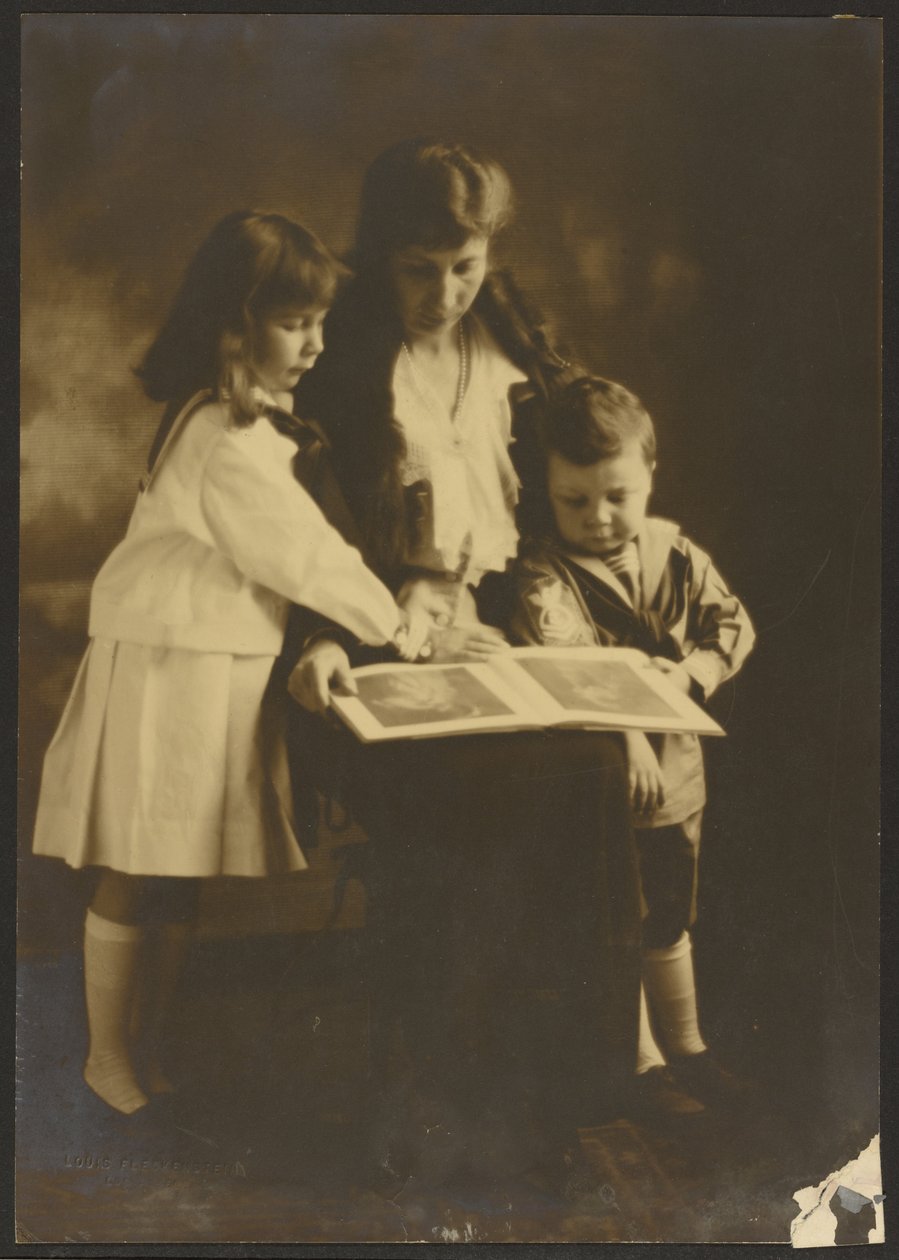 Woman and Children with Picture Book by Louis Fleckenstein