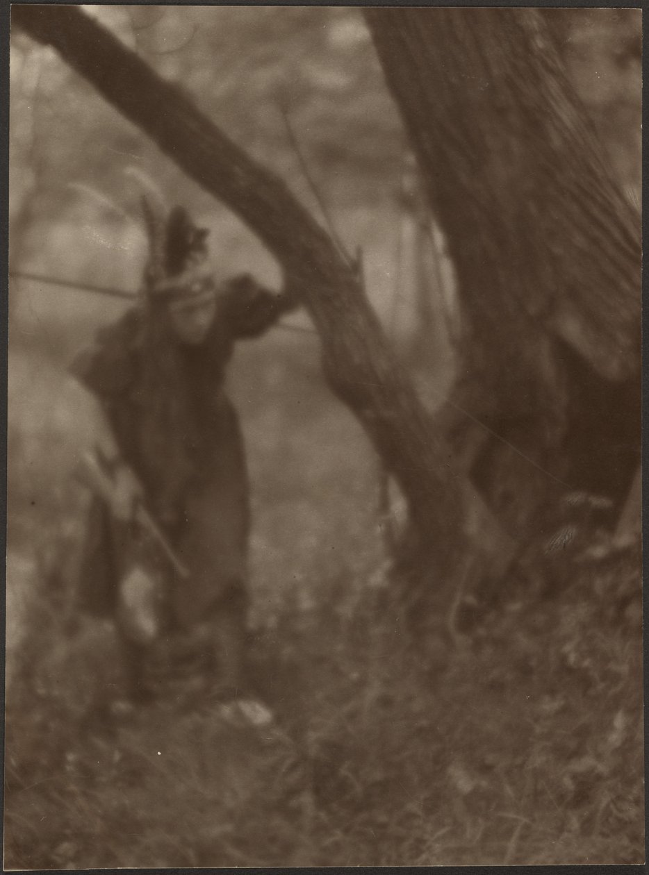 [Woman in Head Dress Behind Tree] by Louis Fleckenstein
